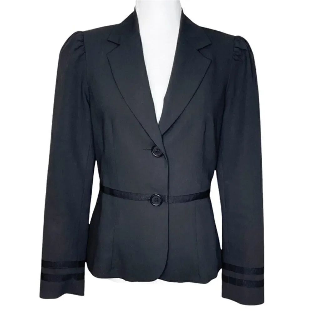 Trina Turk Two Button Blazer Ribbon Trim Black Size 8